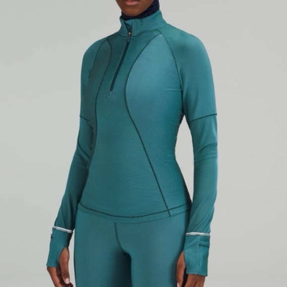lululemon athletica Tops - Lululemon Teal Ribbed Running Half Zip Sweater Jacket Size 8 Women’s